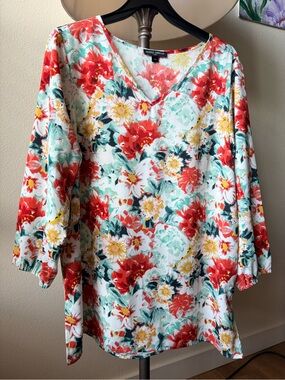 Mario Serrani Italy Floral V-Neck Tunic Blouse 3/4 Sleeve Size L